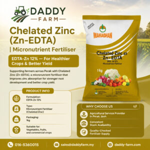 Farmer applying Chelated Zinc (Zn-EDTA) micronutrient fertilizer supplied by Daddy Farm, supporting agricultural projects and commercial farming across Perak.