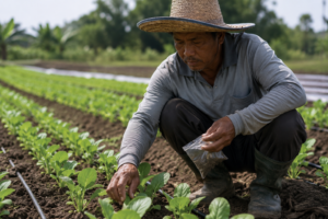Farmer planting Pak Choy seedlings supplied by Daddy Farm in Perak, supporting agricultural projects and commercial farming operations.