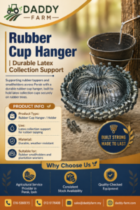 Rubber cup hanger supplied by Daddy Farm, supporting rubber tappers and smallholders across Perak for latex collection.